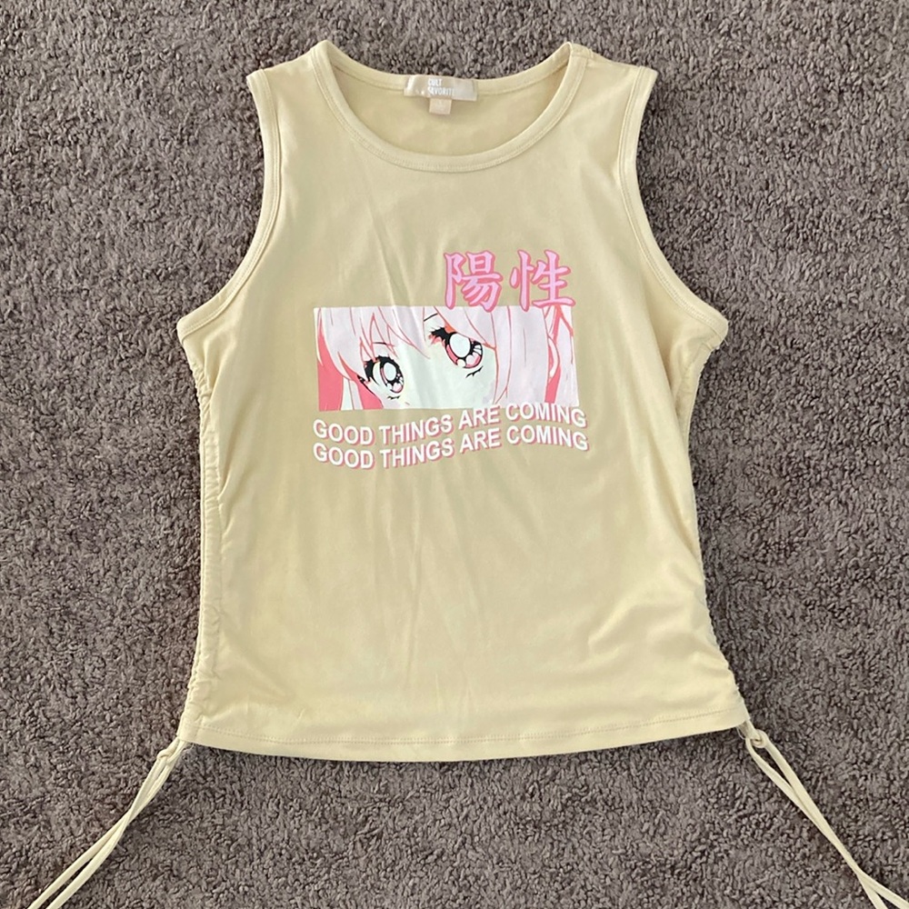 Cult Favorite Graphic Sleeveless Ruched Top Size L Tan Pink White